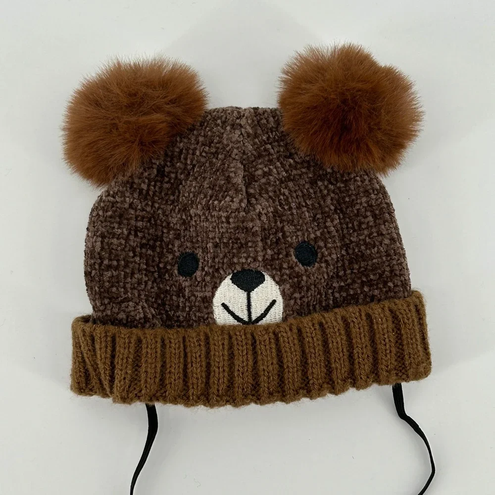 Dog Teddy Bear Winter Hat Brown Pom‎ Pom Beanie Adjustable Chin Strap M/L
